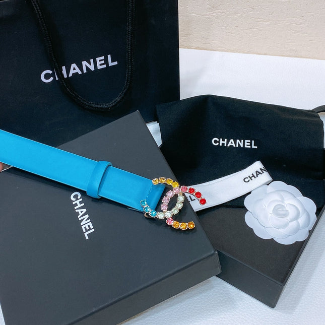 CC BELT 30 MM IN SKY BLUE CALFSKIN WITH COLORFUL RHINSTONES METAL LOGO