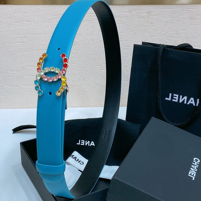 CC BELT 30 MM IN SKY BLUE CALFSKIN WITH COLORFUL RHINSTONES METAL LOGO