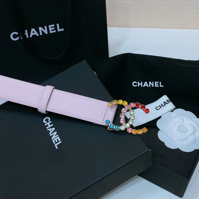 CC BELT 30 MM IN PASTEL PINK CALFSKIN WITH COLORFUL RHINSTONES METAL LOGO