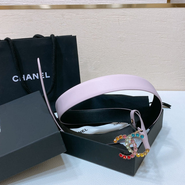 CC BELT 30 MM IN PASTEL PINK CALFSKIN WITH COLORFUL RHINSTONES METAL LOGO