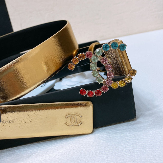CC BELT 30 MM IN GOLD CALFSKIN WITH COLORFUL RHINSTONES METAL LOGO