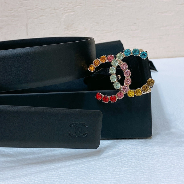 CC BELT 30 MM IN BLACK CALFSKIN WITH COLORFUL RHINSTONES METAL LOGO