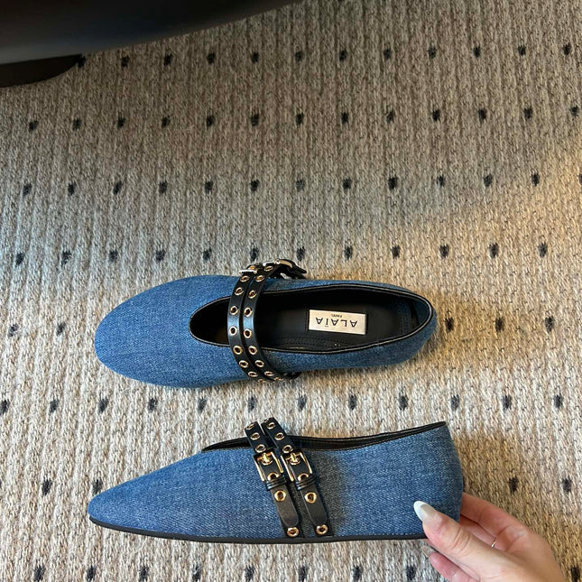 ALAIA MARY JANE SHOES IN CERULEAN BLUE ZP CUSTOM STRAW AND DENIM