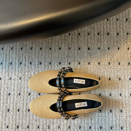 ALAIA MARY JANE SHOES IN BEIGE ZP CUSTOM STRAW AND DENIM