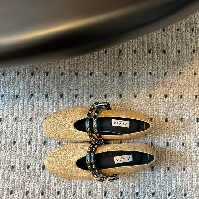 ALAIA MARY JANE SHOES IN BEIGE ZP CUSTOM STRAW AND DENIM