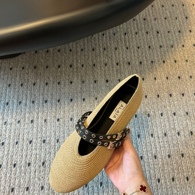 ALAIA MARY JANE SHOES IN BEIGE ZP CUSTOM STRAW AND DENIM