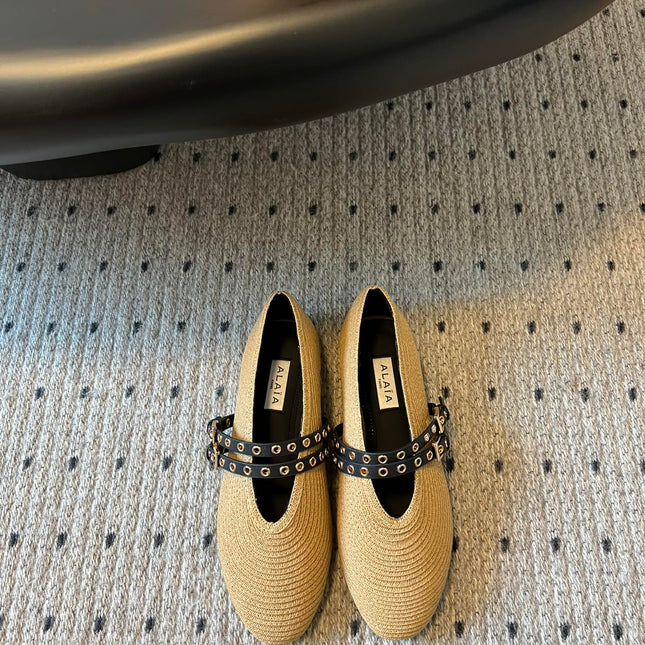 ALAIA MARY JANE SHOES IN BEIGE ZP CUSTOM STRAW AND DENIM