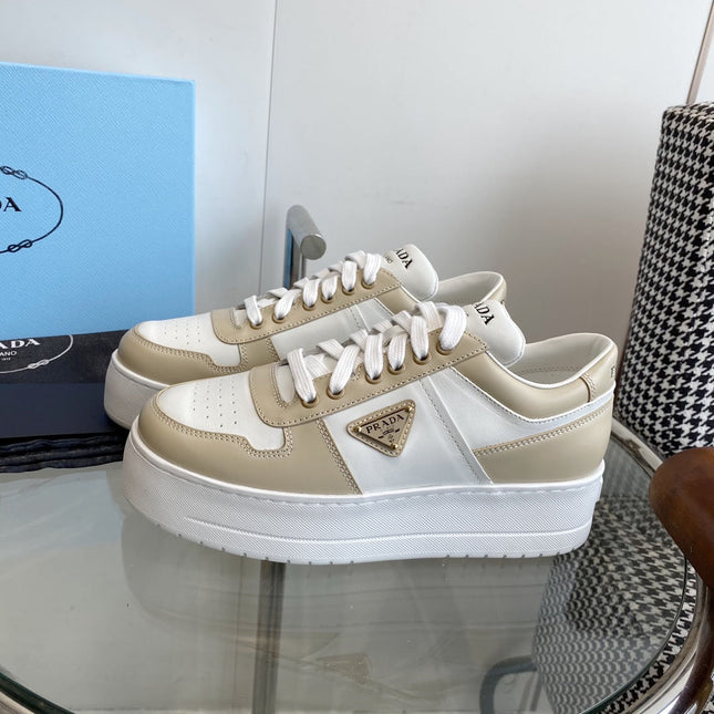 PRA DOWNTOWN THICK-SOLE SNEAKERS WHITE AND BEIGE CALFSKIN