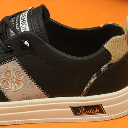 PRA TRAINER IN BLACK CALFSKIN AND TAN EMBROIDERED FABRIC