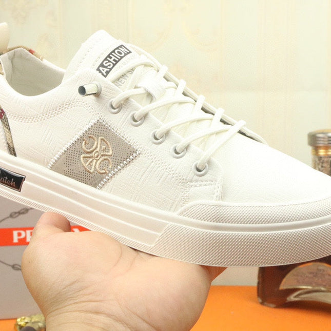PRA TRAINER IN WHITE CALFSKIN AND TAN EMBROIDERED FABRIC