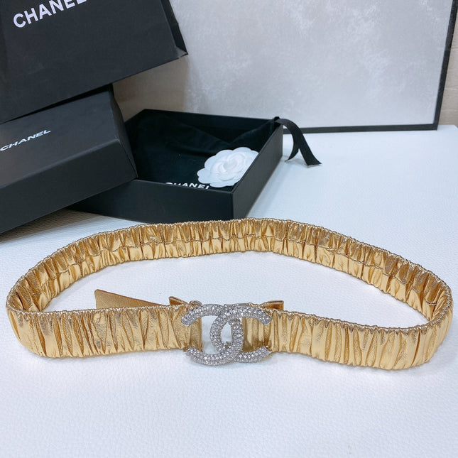 CC ELASTIC BELT 30MM IN GOLD CALFSKIN SILVER HARDWARE WITH RHINSTONES