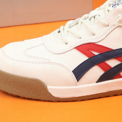 PRA SNEAKER IN WHITE CALFSKIN WITH NAVY BLUE AND RED STRIPED