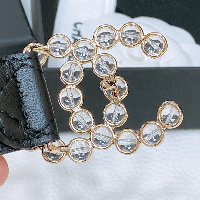 CC BELT 30 MM IN BLACK EMBROIDERED CALFSKIN PEARL LOGO WITH GOLD HARDWARE