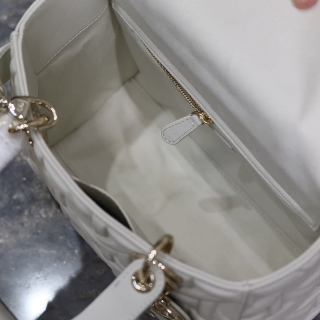 LADY BAG 24 IN WHITE GRAPHIC CANNAGE CALFSKIN PALE GOLD-FINISH METAL CHARMS