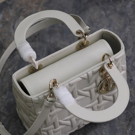 LADY BAG 24 IN WHITE GRAPHIC CANNAGE CALFSKIN PALE GOLD-FINISH METAL CHARMS