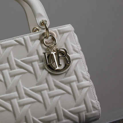 LADY BAG 24 IN WHITE GRAPHIC CANNAGE CALFSKIN PALE GOLD-FINISH METAL CHARMS