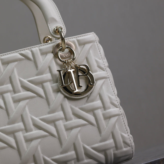 LADY BAG 24 IN WHITE GRAPHIC CANNAGE CALFSKIN PALE GOLD-FINISH METAL CHARMS