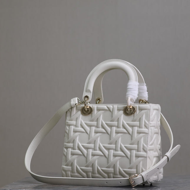 LADY BAG 24 IN WHITE GRAPHIC CANNAGE CALFSKIN PALE GOLD-FINISH METAL CHARMS