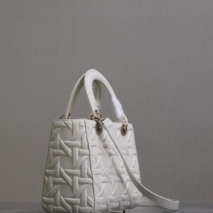 LADY BAG 24 IN WHITE GRAPHIC CANNAGE CALFSKIN PALE GOLD-FINISH METAL CHARMS