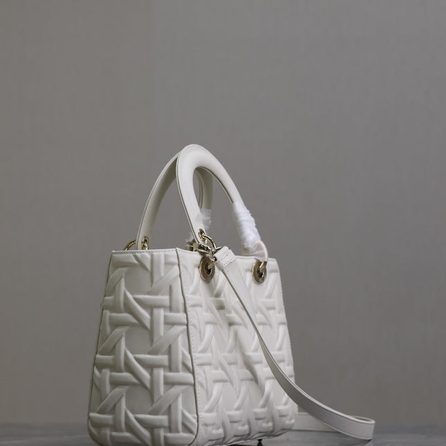 LADY BAG 24 IN WHITE GRAPHIC CANNAGE CALFSKIN PALE GOLD-FINISH METAL CHARMS