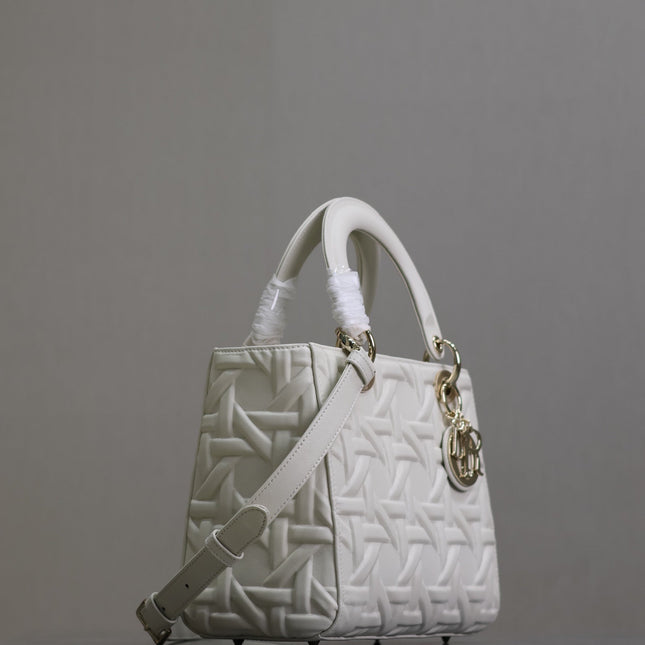 LADY BAG 24 IN WHITE GRAPHIC CANNAGE CALFSKIN PALE GOLD-FINISH METAL CHARMS
