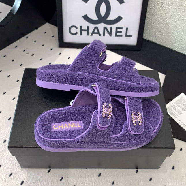 CC DAD SANDAL MULE IN PLUM PURPLE LAMB FUR