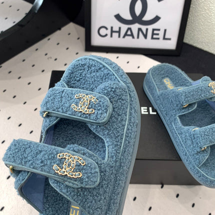 CC DAD SANDAL MULE IN AEGEAN BLUE LAMB FUR