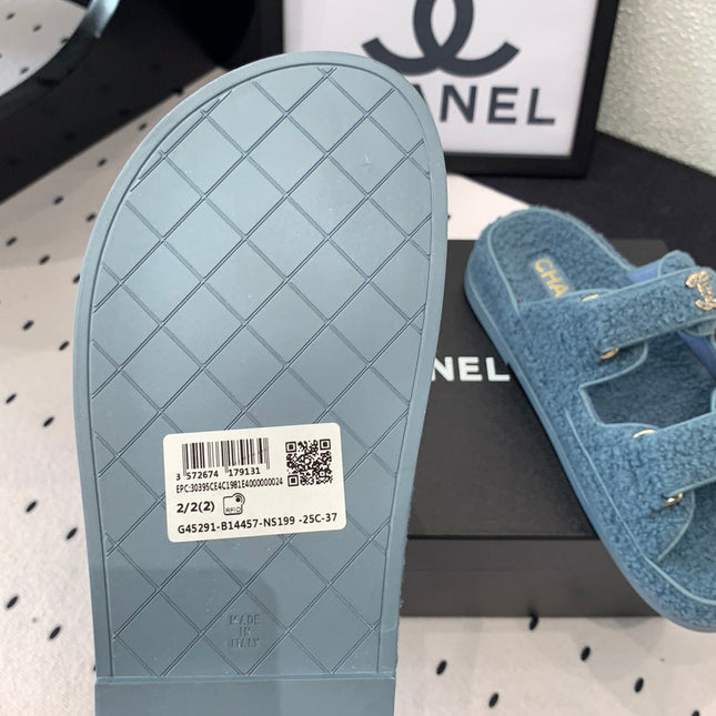 CC DAD SANDAL MULE IN AEGEAN BLUE LAMB FUR