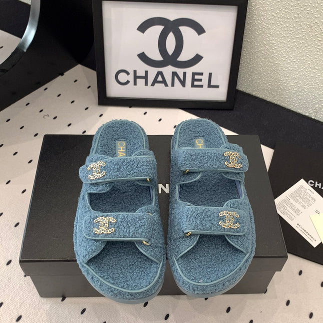 CC DAD SANDAL MULE IN AEGEAN BLUE LAMB FUR