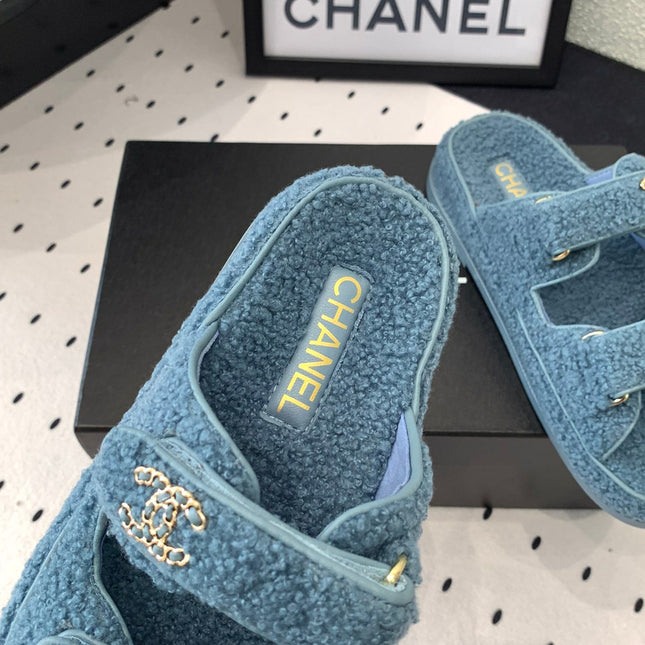 CC DAD SANDAL MULE IN AEGEAN BLUE LAMB FUR