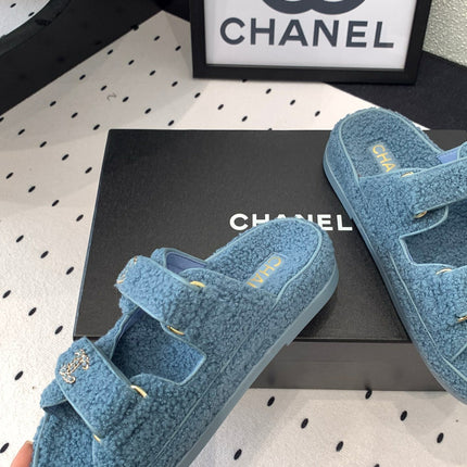 CC DAD SANDAL MULE IN AEGEAN BLUE LAMB FUR