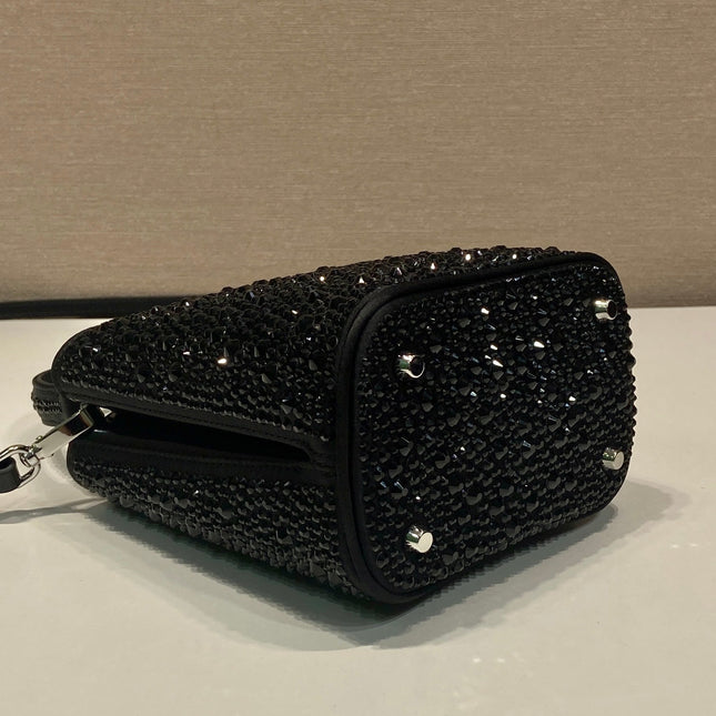 PANIER BUCKET BAG 16 IN BLACK CALFSKIN ATTACHED FULL CRYSTALS
