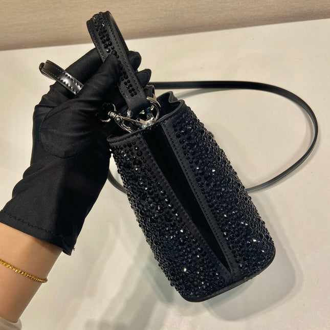 PANIER BUCKET BAG 16 IN BLACK CALFSKIN ATTACHED FULL CRYSTALS