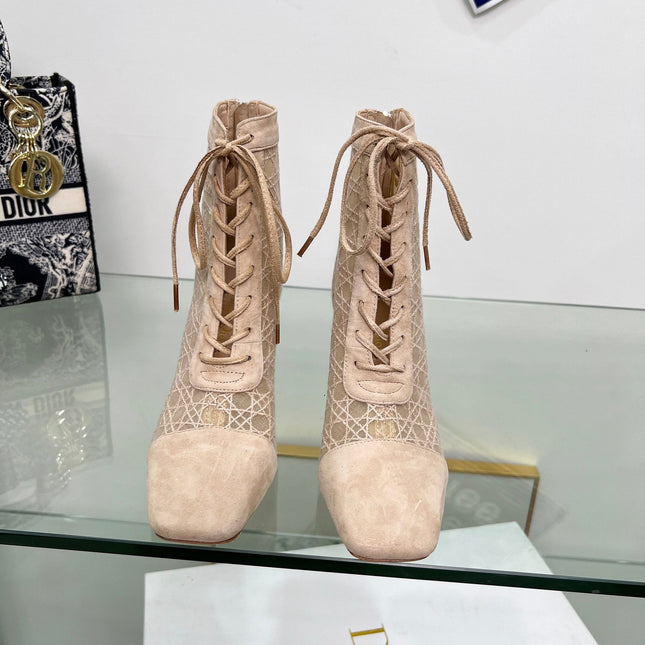 NAUGHTILY-D HEELED ANKLE BOOT IN BISQUE BEIGE CANNAGE MOTIF MESH AND SUEDE 8 CM
