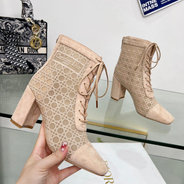 NAUGHTILY-D HEELED ANKLE BOOT IN BISQUE BEIGE CANNAGE MOTIF MESH AND SUEDE 8 CM