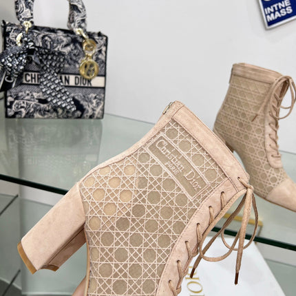 NAUGHTILY-D HEELED ANKLE BOOT IN BISQUE BEIGE CANNAGE MOTIF MESH AND SUEDE 8 CM