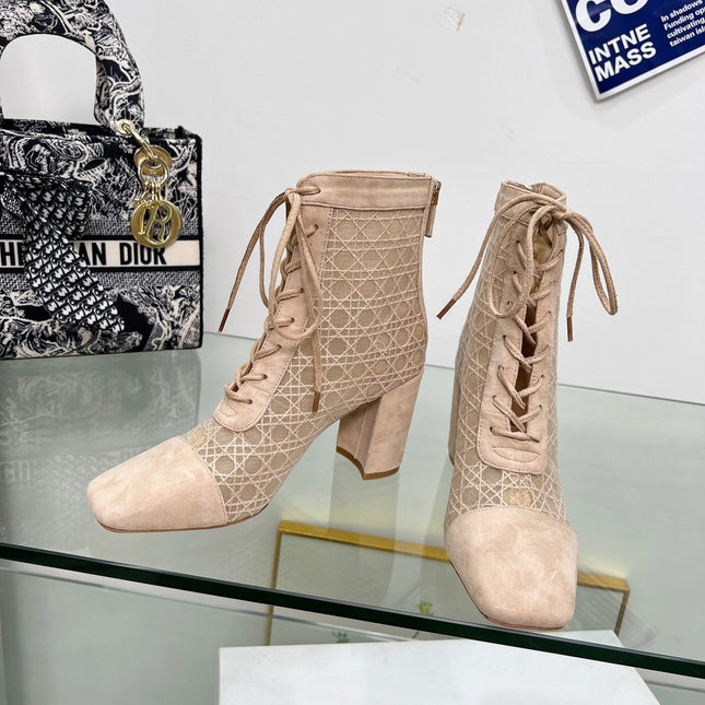 NAUGHTILY-D HEELED ANKLE BOOT IN BISQUE BEIGE CANNAGE MOTIF MESH AND SUEDE 8 CM