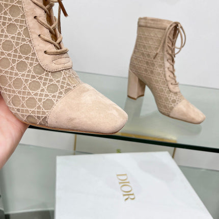 NAUGHTILY-D HEELED ANKLE BOOT IN BISQUE BEIGE CANNAGE MOTIF MESH AND SUEDE 8 CM