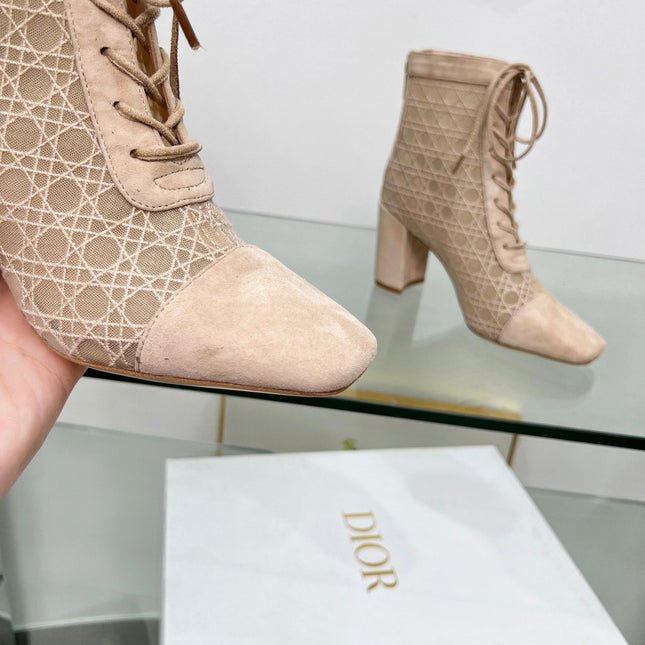 NAUGHTILY-D HEELED ANKLE BOOT IN BISQUE BEIGE CANNAGE MOTIF MESH AND SUEDE 8 CM