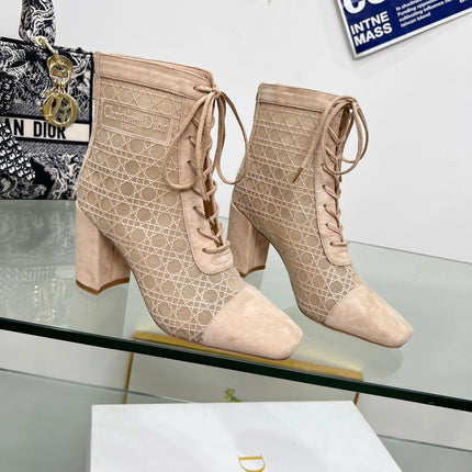 NAUGHTILY-D HEELED ANKLE BOOT IN BISQUE BEIGE CANNAGE MOTIF MESH AND SUEDE 8 CM