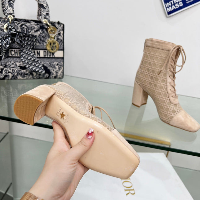 NAUGHTILY-D HEELED ANKLE BOOT IN BISQUE BEIGE CANNAGE MOTIF MESH AND SUEDE 8 CM