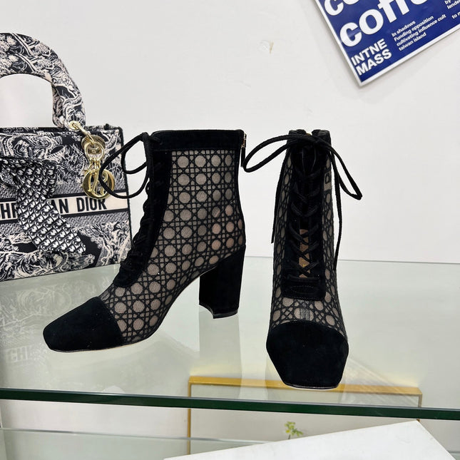 NAUGHTILY-D HEELED ANKLE BOOT IN BLACK CANNAGE MOTIF MESH AND SUEDE 8 CM
