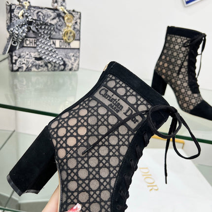 NAUGHTILY-D HEELED ANKLE BOOT IN BLACK CANNAGE MOTIF MESH AND SUEDE 8 CM