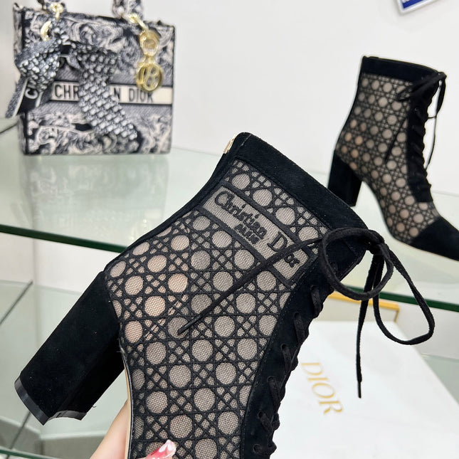 NAUGHTILY-D HEELED ANKLE BOOT IN BLACK CANNAGE MOTIF MESH AND SUEDE 8 CM