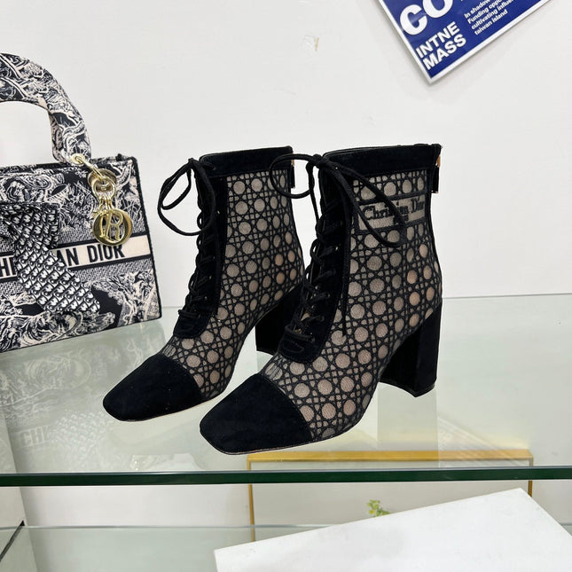 NAUGHTILY-D HEELED ANKLE BOOT IN BLACK CANNAGE MOTIF MESH AND SUEDE 8 CM