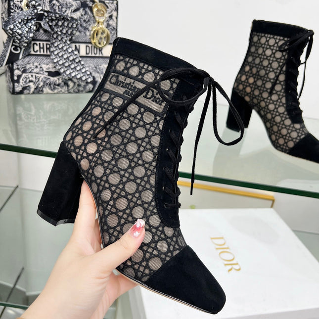 NAUGHTILY-D HEELED ANKLE BOOT IN BLACK CANNAGE MOTIF MESH AND SUEDE 8 CM