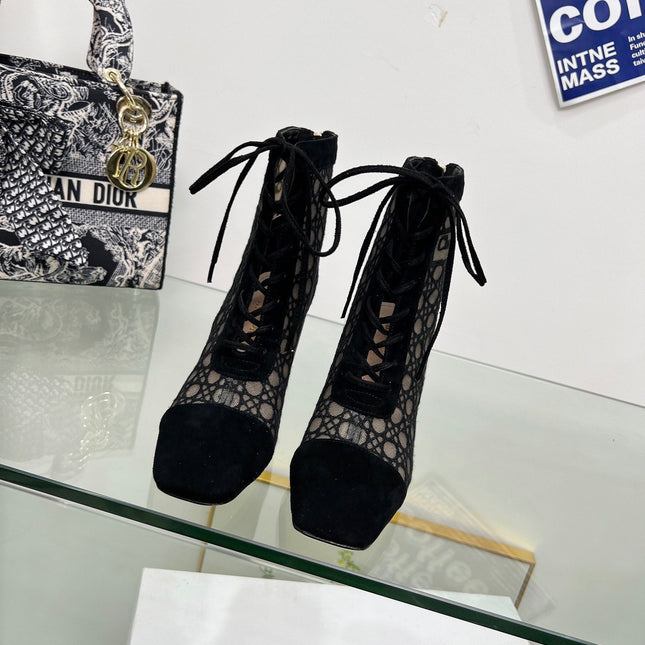 NAUGHTILY-D HEELED ANKLE BOOT IN BLACK CANNAGE MOTIF MESH AND SUEDE 8 CM