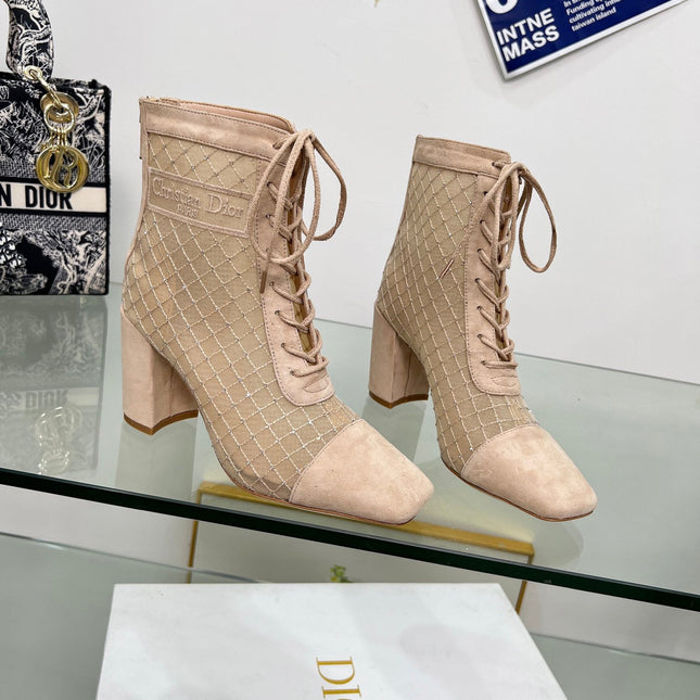NAUGHTILY-D HEELED ANKLE BOOT IN BISQUE BEIGE EMBROIDERED MESH AND SUEDE 8 CM