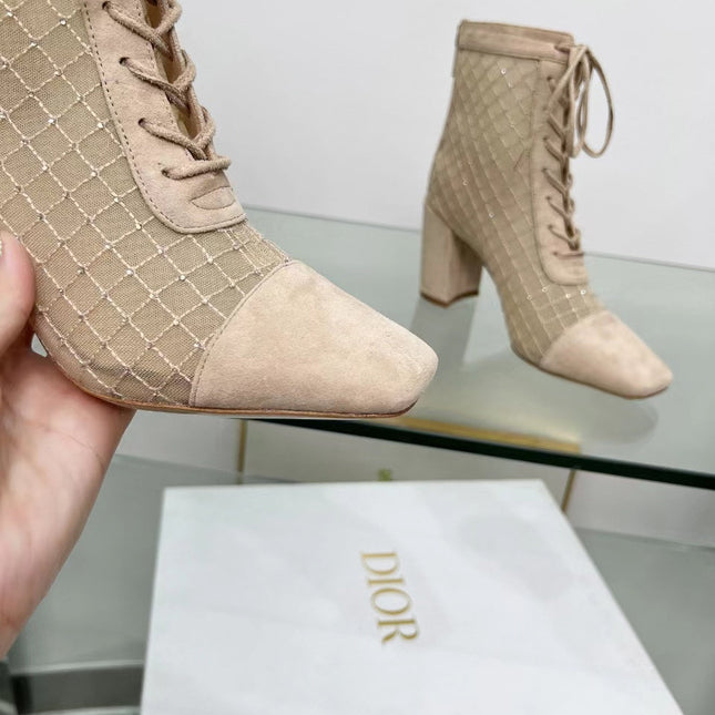 NAUGHTILY-D HEELED ANKLE BOOT IN BISQUE BEIGE EMBROIDERED MESH AND SUEDE 8 CM