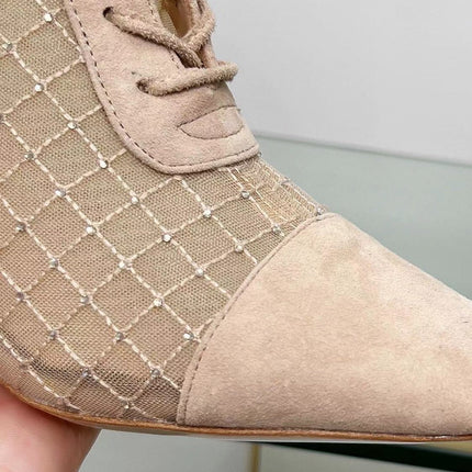 NAUGHTILY-D HEELED ANKLE BOOT IN BISQUE BEIGE EMBROIDERED MESH AND SUEDE 8 CM